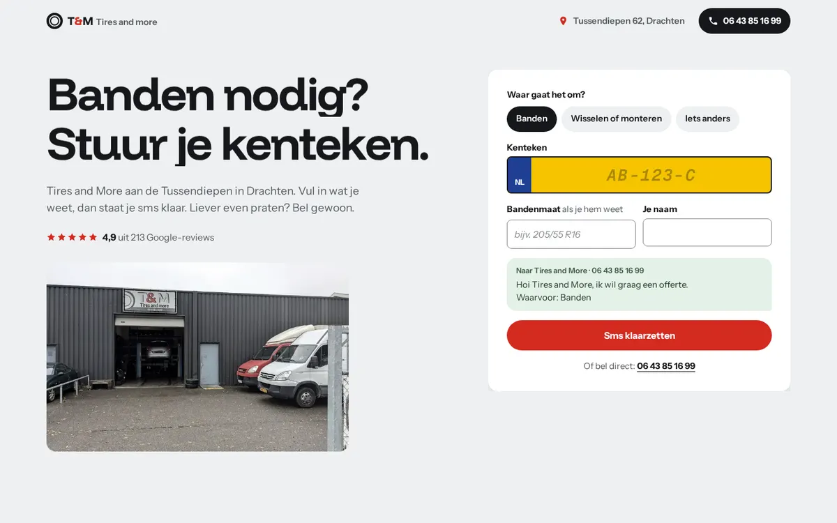 Voorbeeld van richting C: homepage met het aanvraagformulier en een gele kentekenplaat